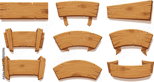 Collection of nine rustic wooden signboards in various shapes and sizes plank