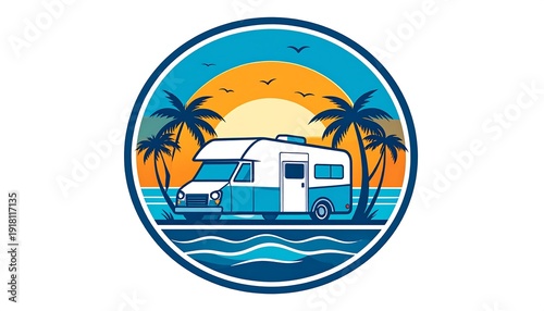 Circular design featuring a camper parked by the sea under a sunset with palm trees and birds