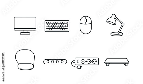Home electronics desk setup: computer monitor, keyboard, mouse, desk lamp, mouse pad, cable organizer, power strip, monitor stand