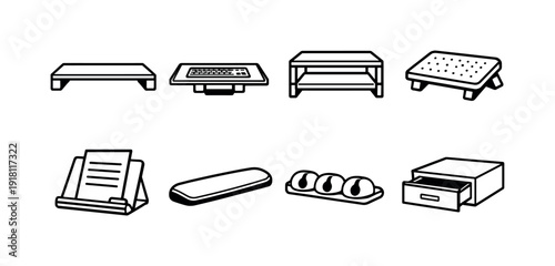 Office workstation accessories: monitor stand, keyboard tray, desk shelf, footrest, document holder, wrist rest, cable clip, desk drawer