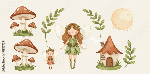 Whimsical illustration of a girl in a forest with mushrooms and a tiny house