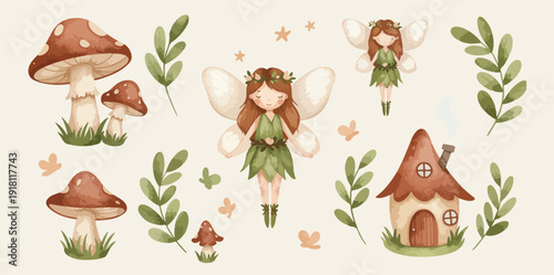 Whimsical fairy surrounded by mushrooms and foliage with a tiny house