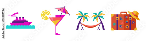 Flat Vector Tropical Vacation Icon Set for Summer Travel and Luxury Cruise Branding