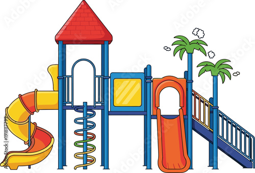 Colorful outdoor playground equipment with slides and climbing structures play area children