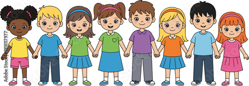 Diverse group of cartoon children holding hands in a line smiling Keywords: children, kids, diversity, multicultural, happy