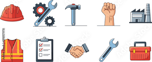 Industrial Labor Icon Set – Vector Construction Tools, Safety Gear, and Factory Worker Illustrations