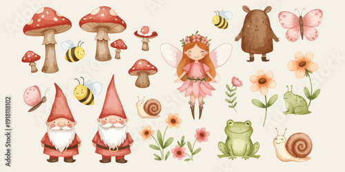 Whimsical illustration of gnomes mushrooms and forest creatures with a fairy