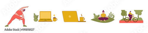 Flat Vector Wellness and Remote Work Element Kit for Healthy Lifestyle and Productivity Blogging