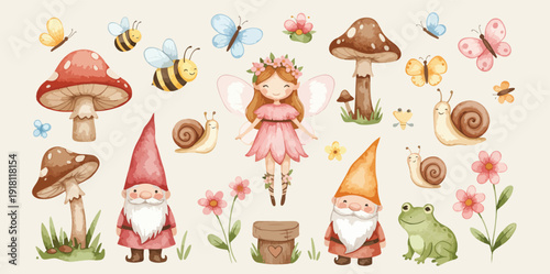 Whimsical illustration of fairies gnomes mushrooms bees and flowers in a fantasy setting with magical creatures and nature elements