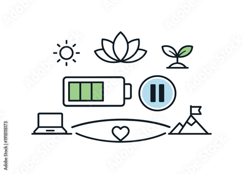Mindful workday balance and burnout prevention in everyday professional life focused on sustainability and wellbeing, a battery icon at mid level