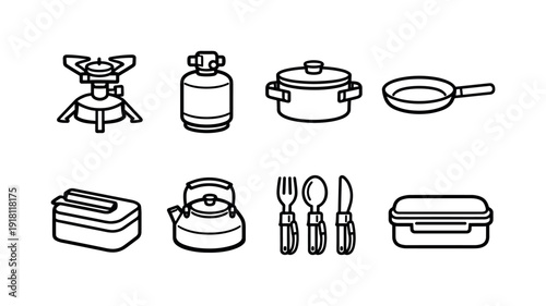 Outdoor camping cooking gear: camping stove, gas canister, cooking pot, frying pan, mess tin, camping kettle, utensil set, food container