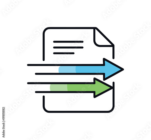 Clear information flow and reduced friction in business processes focused on efficiency, two parallel arrows moving through a document icon