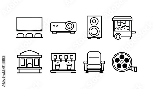 Movie theater equipment: cinema screen, projector, speaker, popcorn machine, soda dispenser, ticket booth, theater seat, film reel