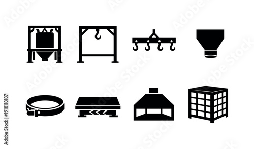 GoIndustrial bulk bag unloading system icon set showing bulk bag unloader, lifting frame, spreader beam, discharge spout, clamp ring, vibration table