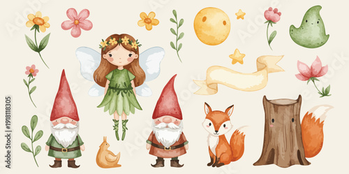 Whimsical illustration of a fairy and gnomes with flowers and forest creatures