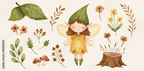 Whimsical fairy surrounded by flowers leaves and tree stump in a serene natural setting