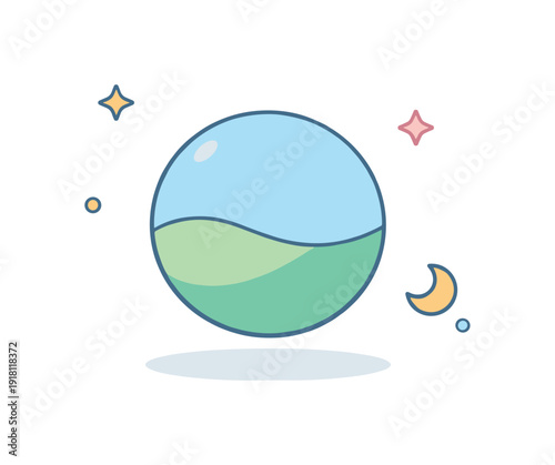 Effortless existence without performance or outcome pressure visualized through cosmic simplicity, a lone planet with a faint soft shadow resting in