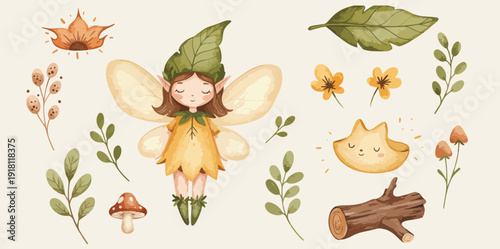 Whimsical fairy surrounded by flowers mushrooms and leaves in a magical forest setting with natural elements and beauty