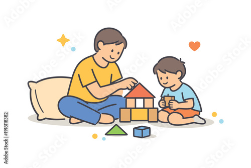Quiet family afternoon at home centered on shared presence and gentle everyday closeness, a parent and child sitting on the floor building a simple