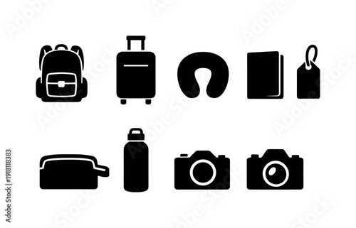 Outdoor travel essentials: backpack, suitcase, travel pillow, passport cover, luggage tag, toiletry bag, water bottle, camera