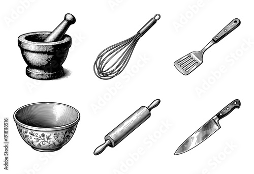 Set of vintage engraved kitchen utensils including mortar and pestle whisk spatula decorative bowl rolling pin and chefs knife in black and white woodcut style.