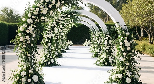 Beautiful white wedding archway with flowers and greenery on pathway