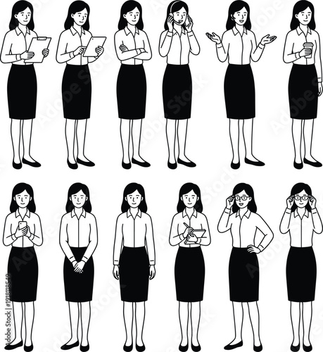 Black and white vector illustration set featuring a professional businesswoman character in diverse corporate office poses and daily work activities for design projects