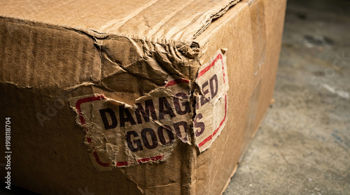 Damaged cardboard box with torn label on rough surface, showing wear and tear, symbolizing broken or defective shipment, delivery, or packaging issues