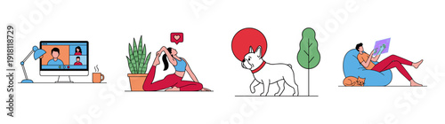Flat Vector Remote Lifestyle Illustrations Graphic Set for Work Life Balance and Wellness Themes