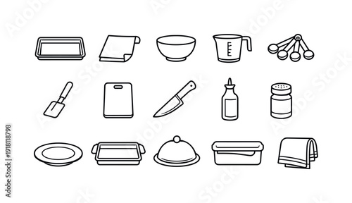 Home roasted cauliflower florets tools icon set showing baking tray, parchment paper, mixing bowl, measuring cup, measuring spoon, spatula, cutting