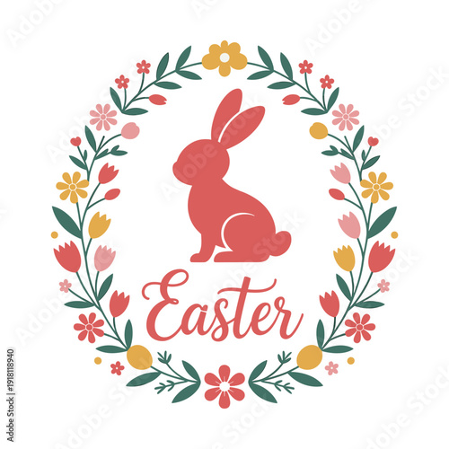 Cute Easter bunny with floral wreath colorful spring holiday greeting vector illustration design