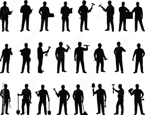 Construction worker silhouettes set showing builders, engineers, and laborers with tools, different working poses, industrial professions isolated on white background vector illustration