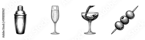 Set of monochrome hand drawn cocktail illustrations featuring a shaker, champagne flute, coupe glass, and olive garnish in a vintage woodcut style.