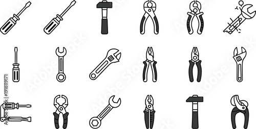 Hand tools outline icon set featuring screwdriver, hammer, wrench, pliers, cutter, and repair equipment in clean editable stroke style, ideal for construction, maintenance, engineering, service