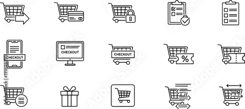 E-commerce Checkout Icon Set – Vector Shopping Cart, Gift Box, and Order Management Outlines