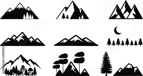 Mountain silhouette vector set featuring pine tree forests and snow peaked hills in black and white minimalist nature landscape icons for logo design