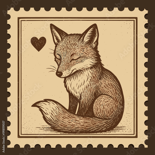 Woodcut style illustration of a fox with a heart on a stamp-like background