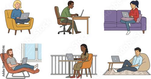 People working remotely with laptops at home diverse men women freelancers comfortable seating modern flat illustration set work from home lifestyle cozy interior