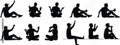 Sitting man silhouette collection showing different poses, gestures, relaxation, communication, casual lifestyle activities, isolated black human figures set on white background