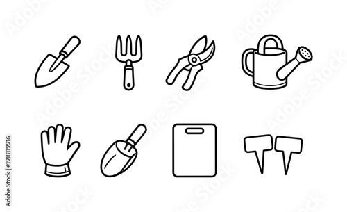 Home gardening hand tools: hand trowel, hand fork, pruning shears, watering can, garden glove, soil scoop, kneeling pad, plant marker
