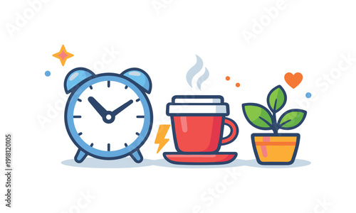 Healthy workday balance and sustainable energy management for modern lifestyles, a desk clock paired with a coffee cup and a small plant symbolizing