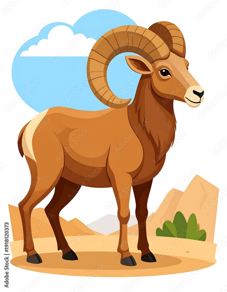 Obraz premium Cartoon-style illustration of a brown ram with large, curved horns against a desert backdrop with blue sky