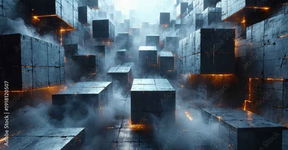 Fototapeta premium Futuristic city. Concrete blocks, glowing lines, dense fog create mysterious atmosphere. Dramatic lighting, cool tones dominate scene.