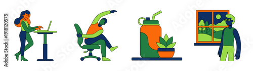 Flat Vector Remote Work Wellness Element Kit for Healthy Home Office Habits and Ergonomics