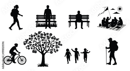 People, silhouette, set, vector, illustration, for, outdoor, activities, including, hiking, cycling, family, picnic, park, bench, tree, nature, children, walking, lifestyle,