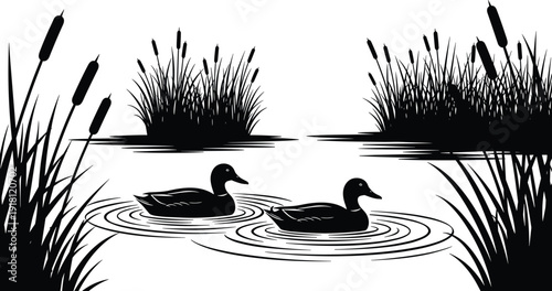 Vector Illustration of Duck Pair Swimming in Pond Surrounded by Thick Reed Grass and Cattails for Nature Wildlife Wetland and Environment Designs