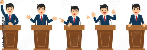 Man Speaking at a Podium in Five Different Poses speech presentation