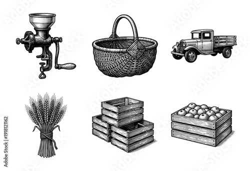 Vintage farm equipment and harvest collection in black and white woodcut engraving style featuring a grain mill basket truck wheat and crates
