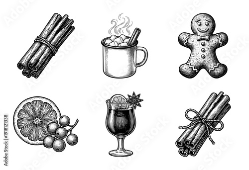 Vintage engraving style winter beverage and spice collection featuring gingerbread man, mulled wine, hot chocolate, and cinnamon sticks.