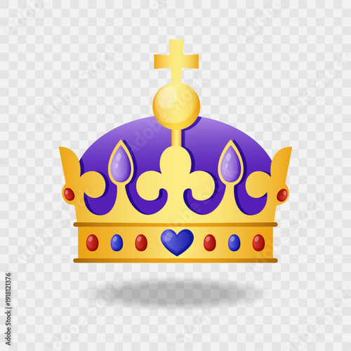 Golden crown isolated on transparent background. Luxury monarch crowning jewel headdress. Crown icon for web design.Royal medieval headdress. Symbol of king or queen. Cartoon flat style. Vector 